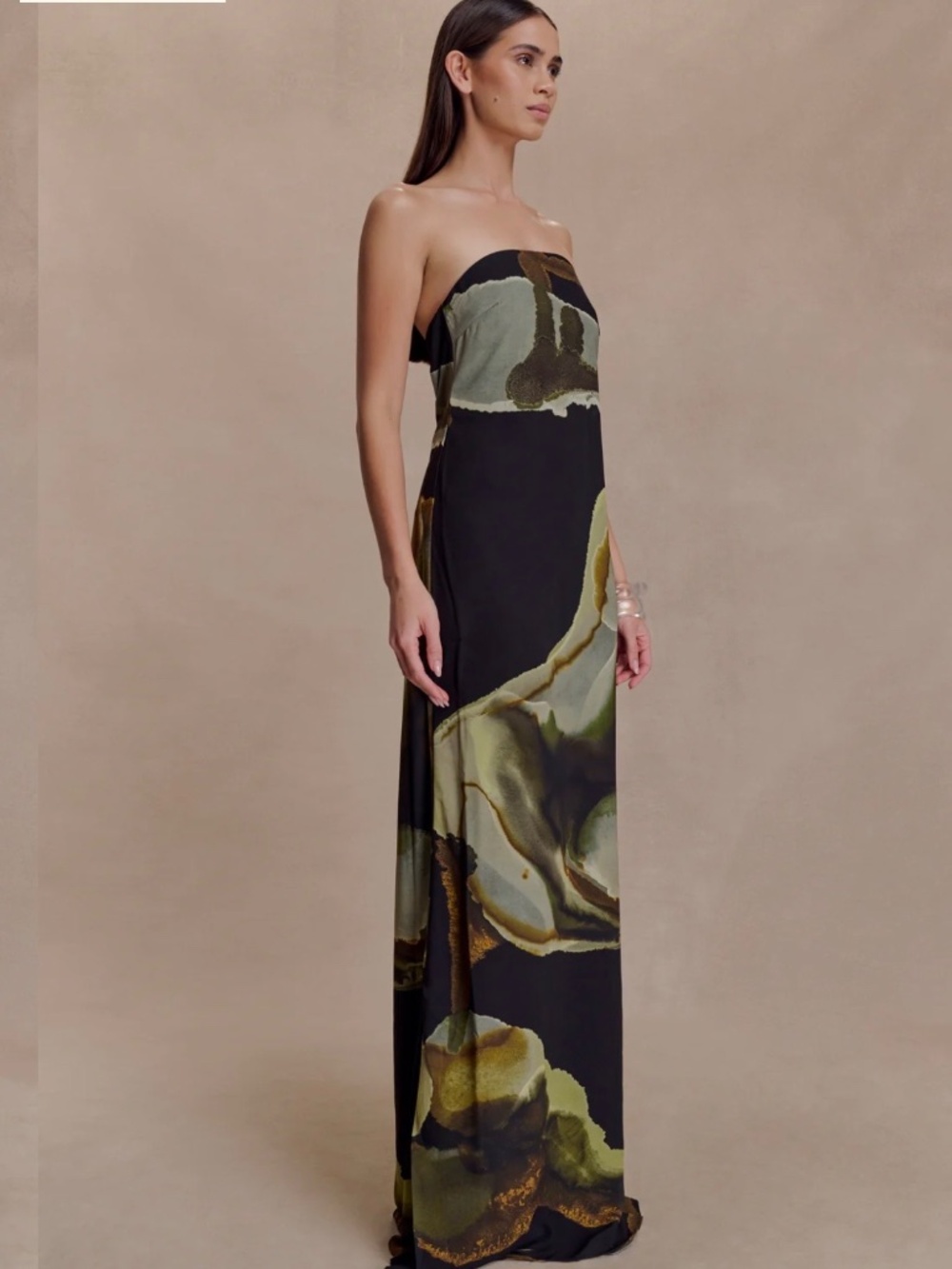 Meshki Amaya Strapless Chiffon Maxi Dress - Green Fluid Print - Picture 2 of 5